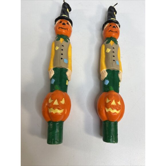 Vintage Halloween Scarecrow Figural Candles 10" Orange Pumpkin Unused 2 pack - Picture 4 of 6